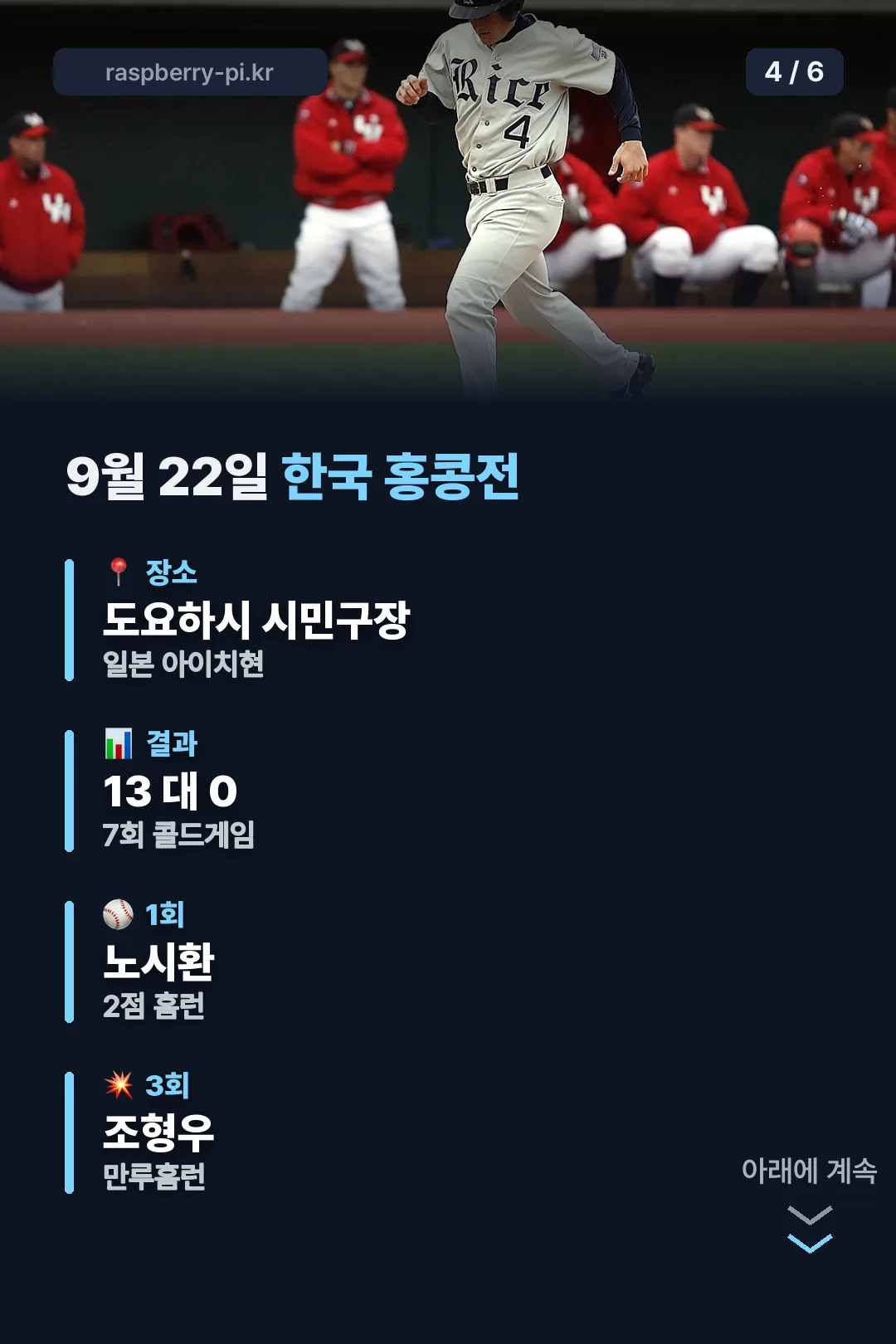 9월 22일 한국 홍콩전 결과